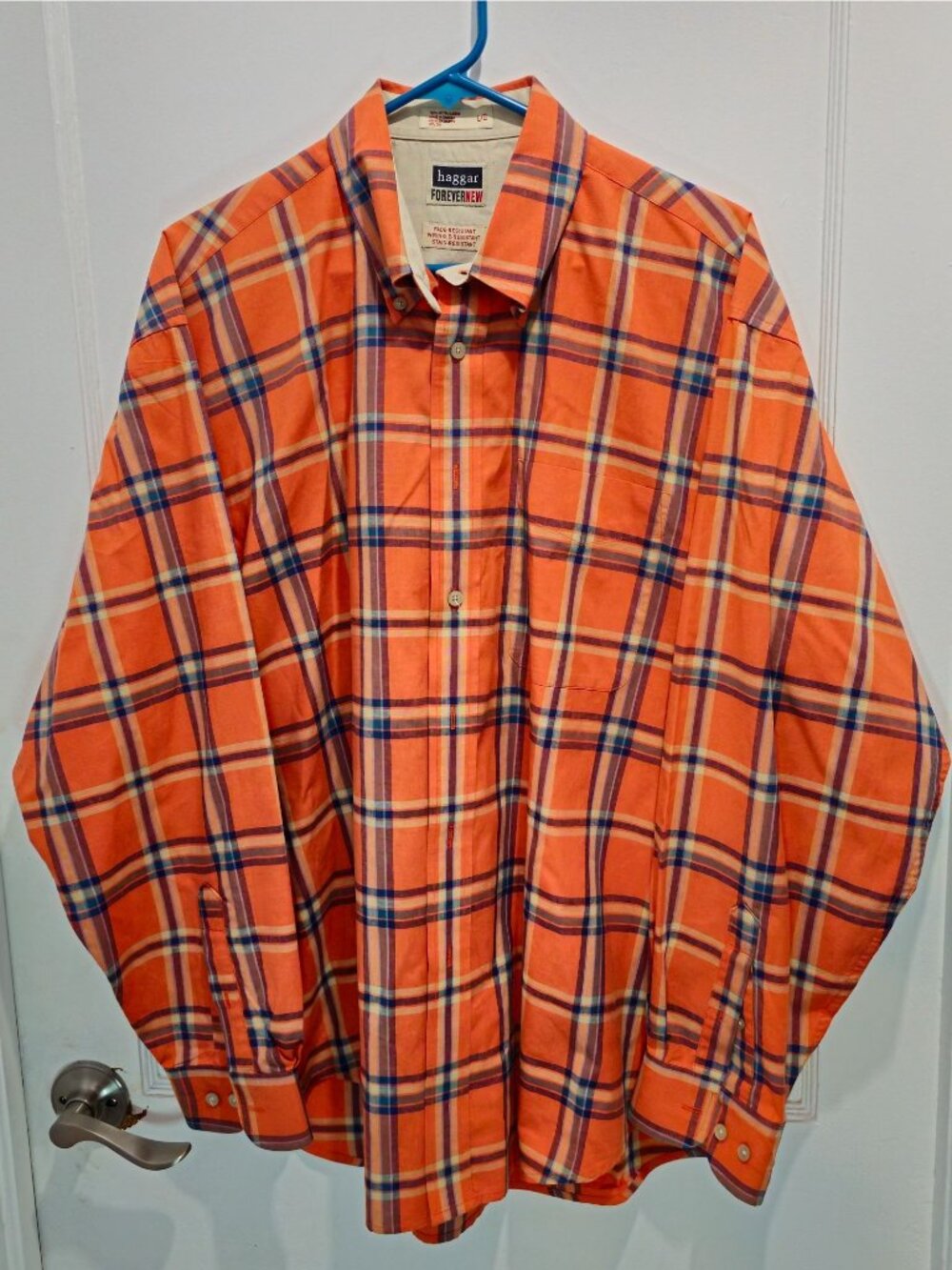 Haggar Forever New Mens L/G Orange Plaid Button-Up Shirt Fade-Resistant Wrinkle - Picture 6 of 13